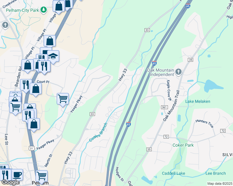 map of restaurants, bars, coffee shops, grocery stores, and more near 199 Brookhollow Drive in Pelham