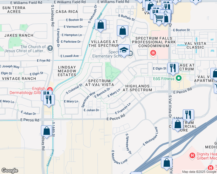 map of restaurants, bars, coffee shops, grocery stores, and more near 1167 East Benrich Drive in Gilbert