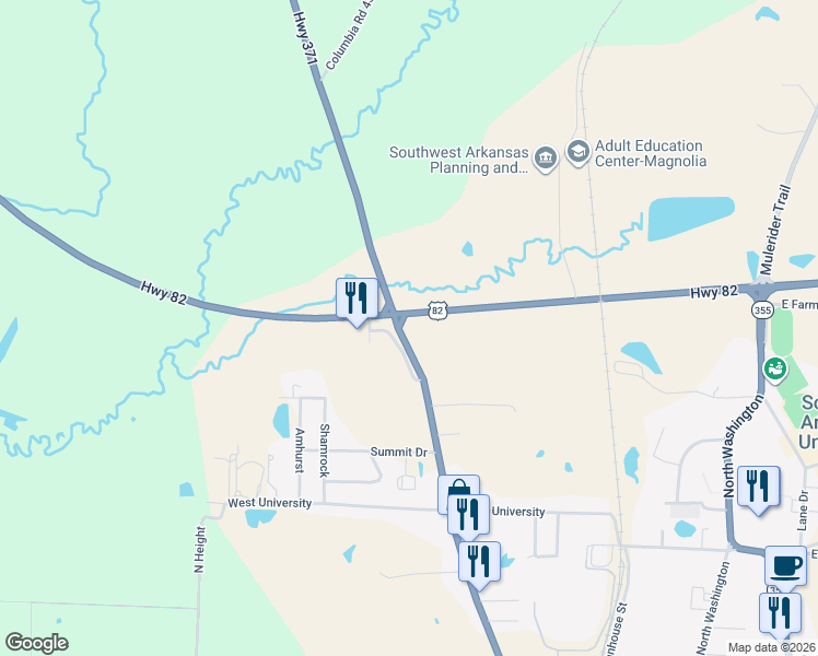 map of restaurants, bars, coffee shops, grocery stores, and more near 2801 North Vine in Magnolia