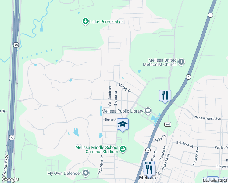 map of restaurants, bars, coffee shops, grocery stores, and more near 3505 Brazos Street in Melissa
