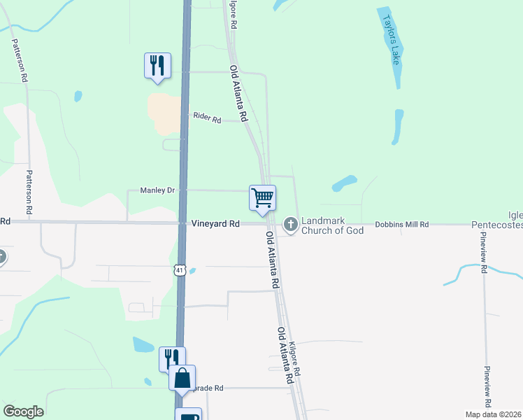 map of restaurants, bars, coffee shops, grocery stores, and more near 2529 U.S. 41 in Griffin