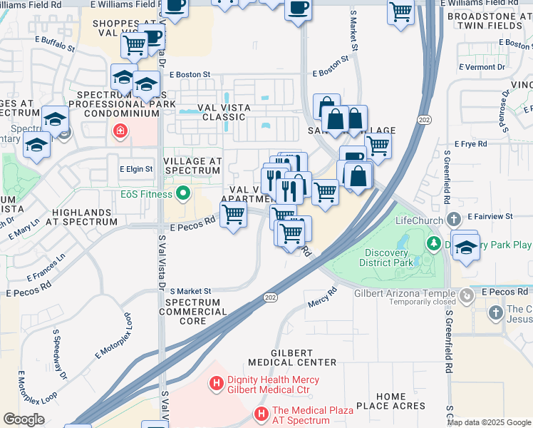 map of restaurants, bars, coffee shops, grocery stores, and more near 1907 East Pecos Road in Gilbert