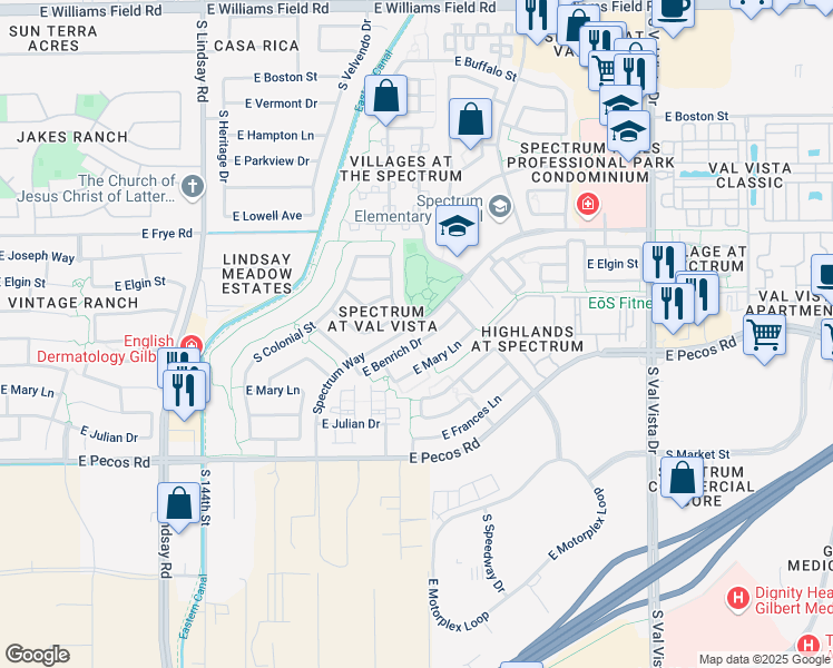 map of restaurants, bars, coffee shops, grocery stores, and more near 1167 East Benrich Drive in Gilbert