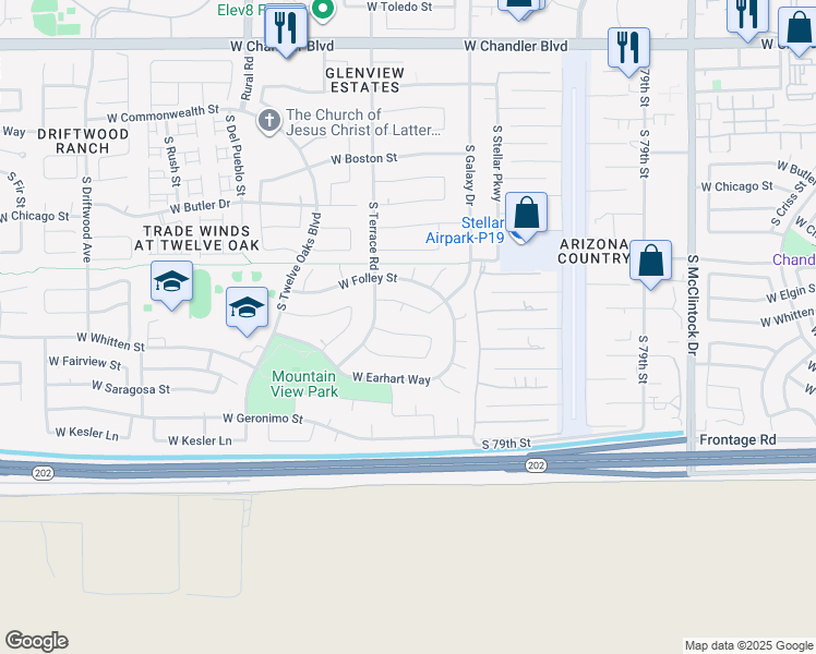 map of restaurants, bars, coffee shops, grocery stores, and more near 4671 West Kitty Hawk in Chandler