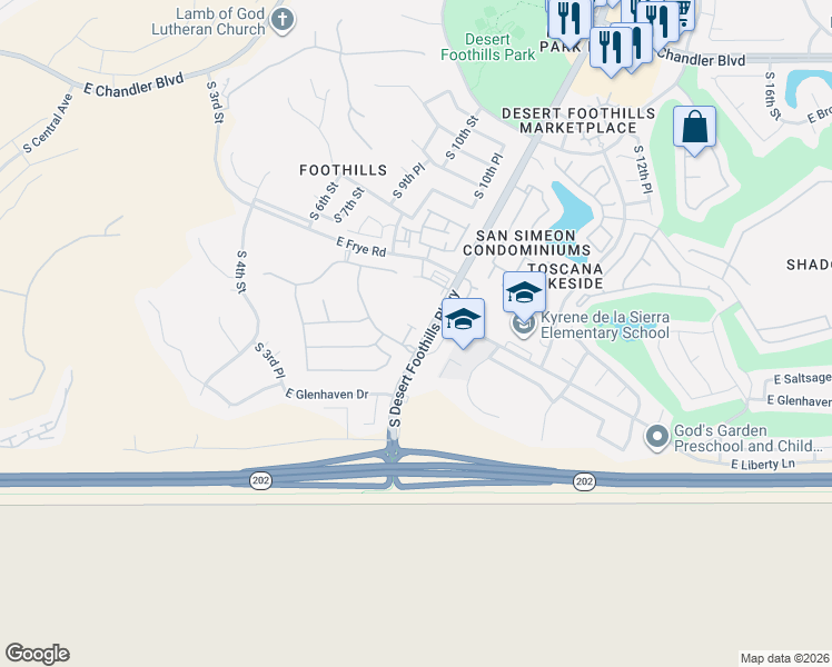 map of restaurants, bars, coffee shops, grocery stores, and more near 16625-16725 South Desert Foothills Parkway in Phoenix