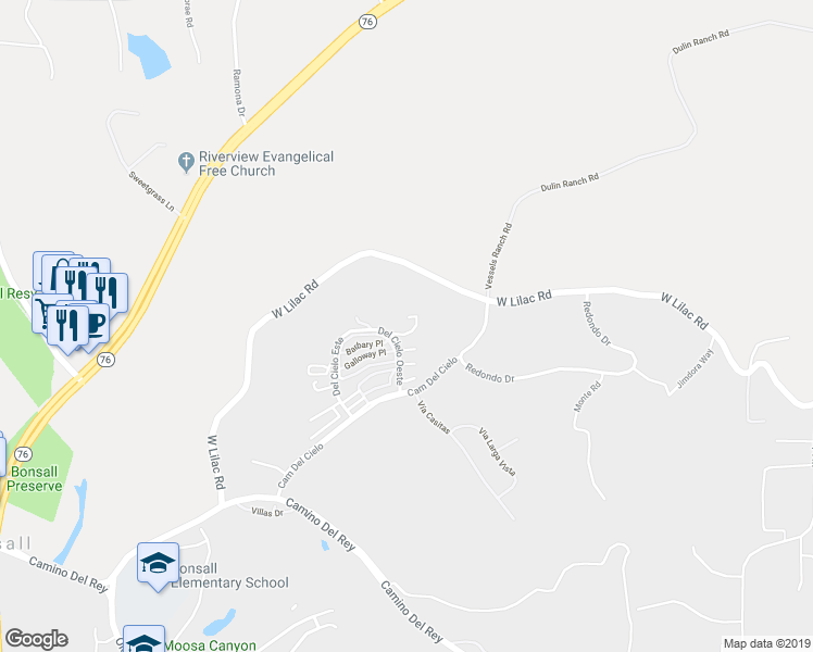 map of restaurants, bars, coffee shops, grocery stores, and more near 5782 Camino Del Cielo in Bonsall