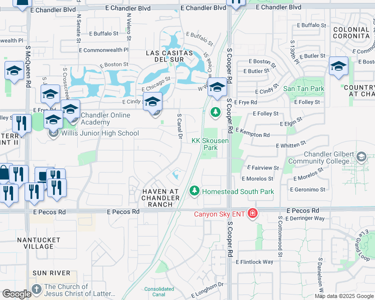 map of restaurants, bars, coffee shops, grocery stores, and more near 1708 East Whitten Street in Chandler