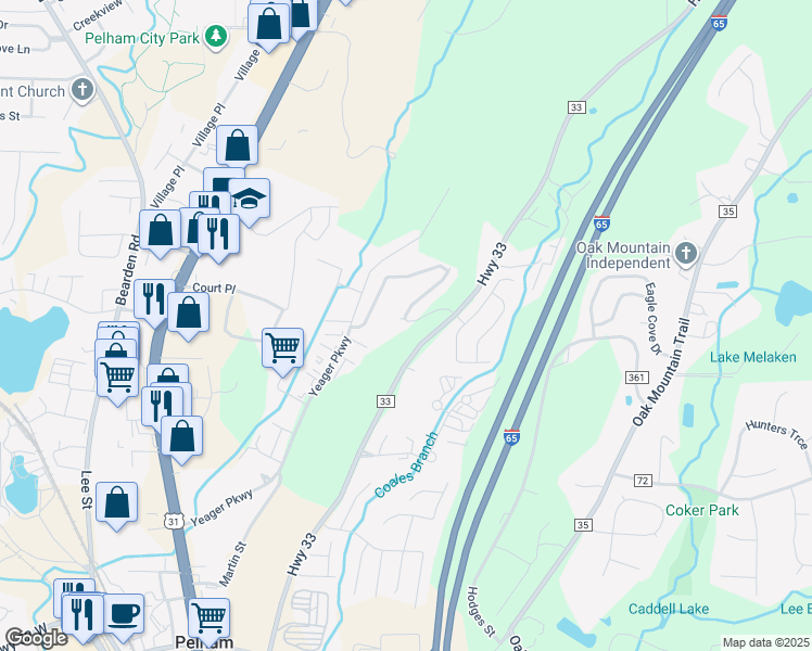map of restaurants, bars, coffee shops, grocery stores, and more near 401 Cambrian Ridge Drive in Pelham