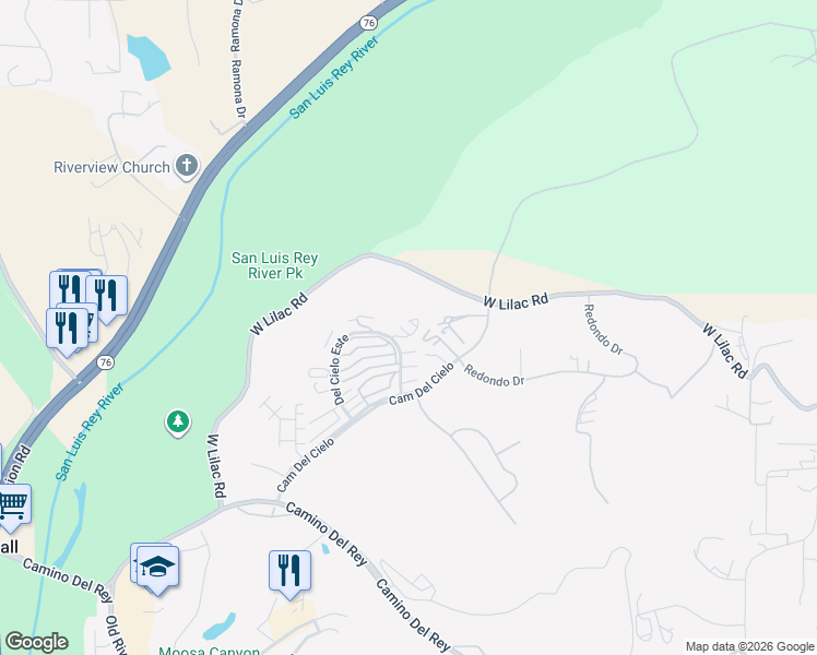 map of restaurants, bars, coffee shops, grocery stores, and more near 5782 Camino Del Cielo in Bonsall