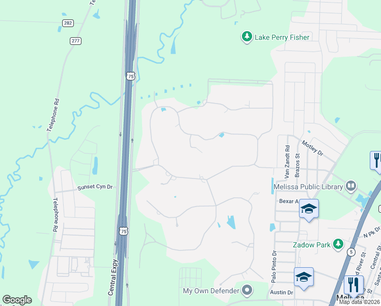 map of restaurants, bars, coffee shops, grocery stores, and more near 5 Meadowbrook Circle in Melissa