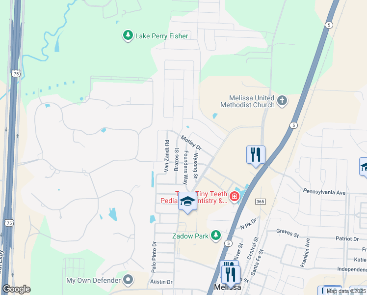 map of restaurants, bars, coffee shops, grocery stores, and more near 3515 Founders Way in Melissa