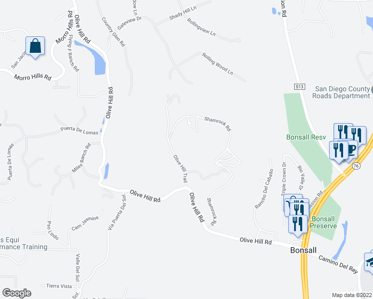 map of restaurants, bars, coffee shops, grocery stores, and more near 5320 Olive Hill Trail in Bonsall