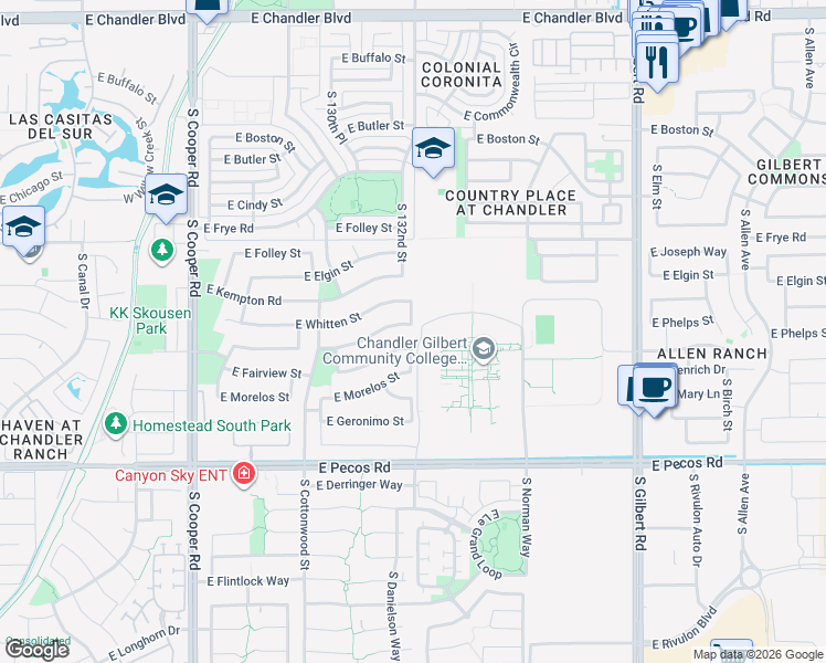 map of restaurants, bars, coffee shops, grocery stores, and more near Danielson Way in Chandler