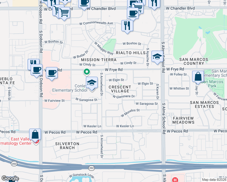 map of restaurants, bars, coffee shops, grocery stores, and more near 1352 West Glenmere Drive in Chandler