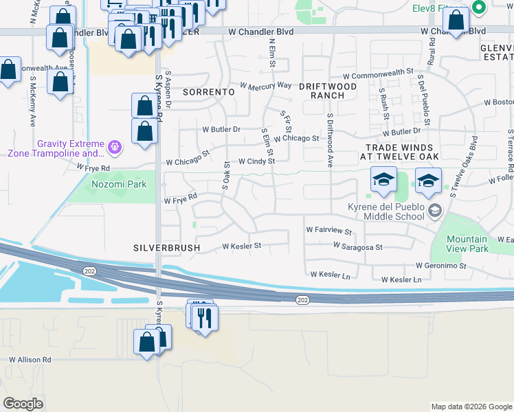 map of restaurants, bars, coffee shops, grocery stores, and more near 5605 West Whitten Street in Chandler