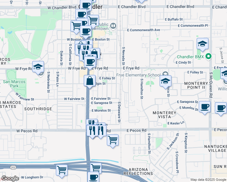 map of restaurants, bars, coffee shops, grocery stores, and more near 499 South Colorado Street in Chandler