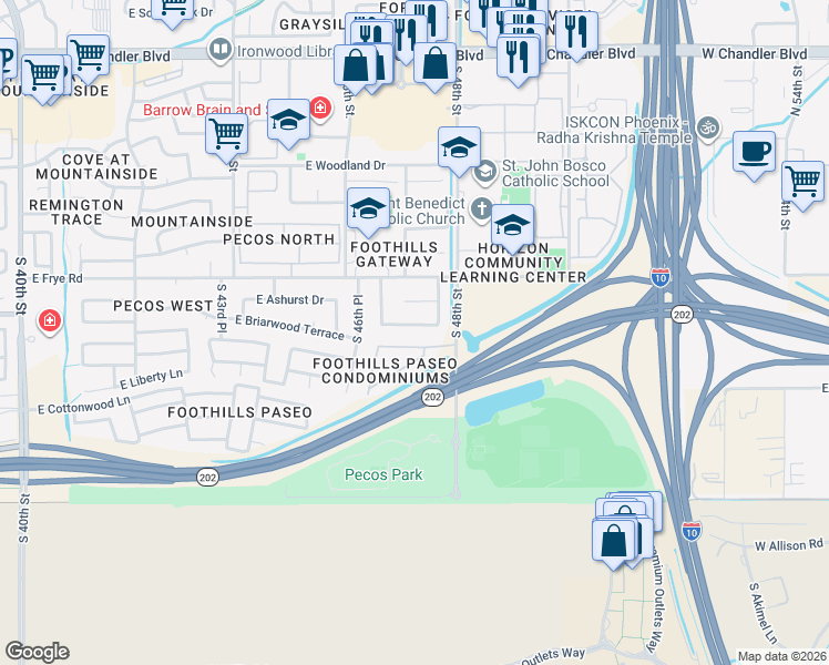 map of restaurants, bars, coffee shops, grocery stores, and more near 16620 South 48th Street in Phoenix