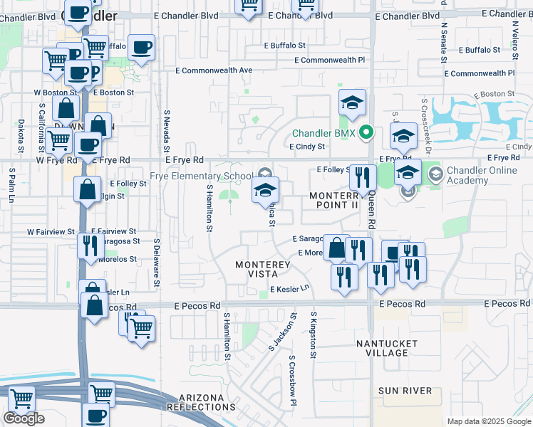 map of restaurants, bars, coffee shops, grocery stores, and more near 801 East Frye Road in Chandler