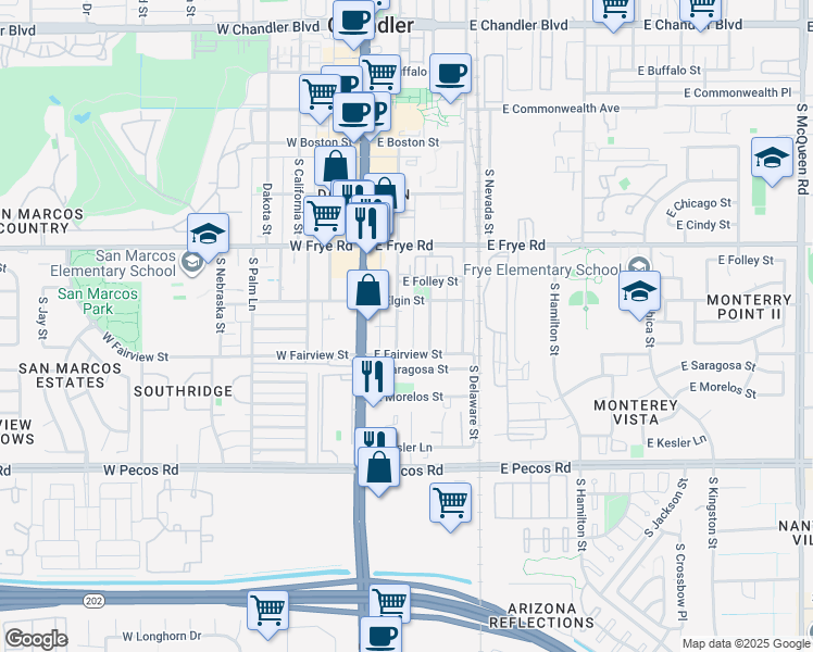 map of restaurants, bars, coffee shops, grocery stores, and more near 489 South Washington Street in Chandler