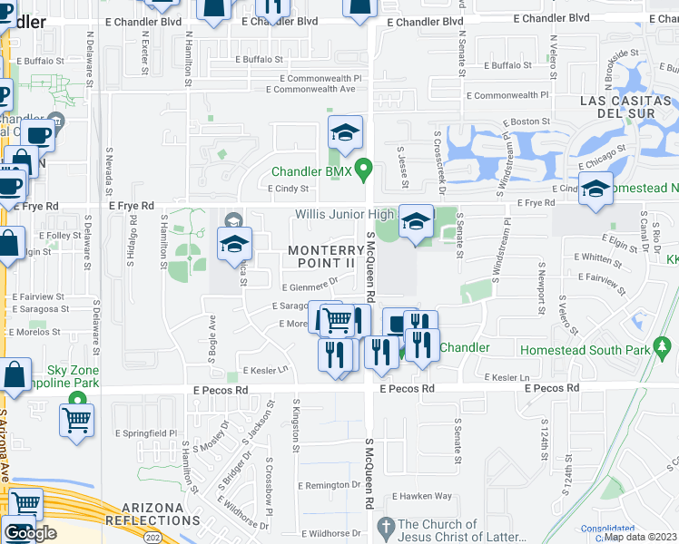 map of restaurants, bars, coffee shops, grocery stores, and more near 932 East Glenmere Drive in Chandler