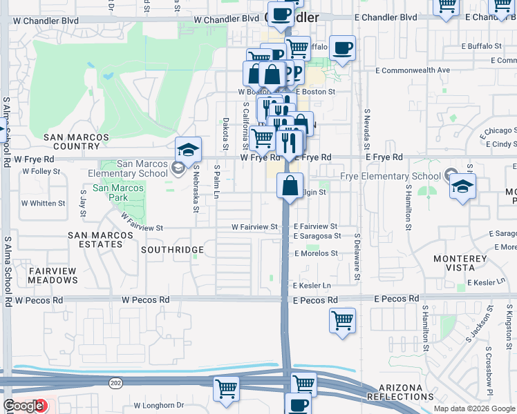 map of restaurants, bars, coffee shops, grocery stores, and more near 125 West Elgin Street in Chandler