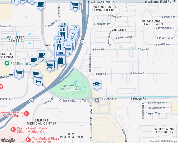 map of restaurants, bars, coffee shops, grocery stores, and more near 2910 South Greenfield Road in Gilbert