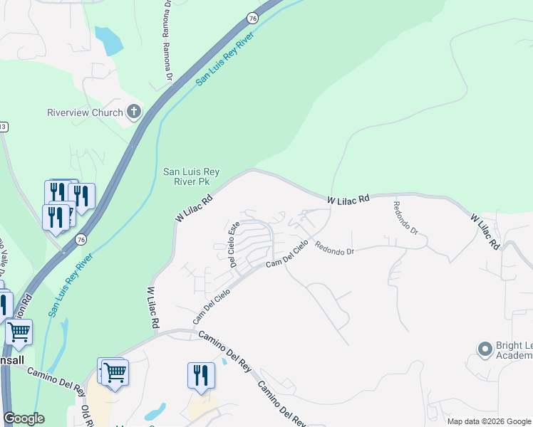 map of restaurants, bars, coffee shops, grocery stores, and more near 32024 Camino Del Cielo in Bonsall