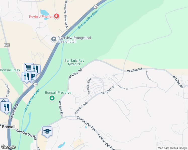 map of restaurants, bars, coffee shops, grocery stores, and more near 32012 Del Cielo Este in Bonsall