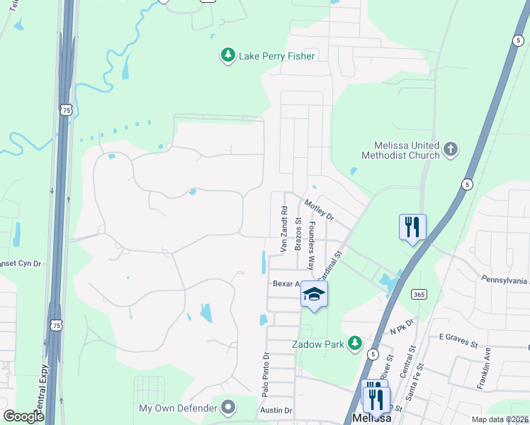map of restaurants, bars, coffee shops, grocery stores, and more near 3523 Cooke Lane in Melissa
