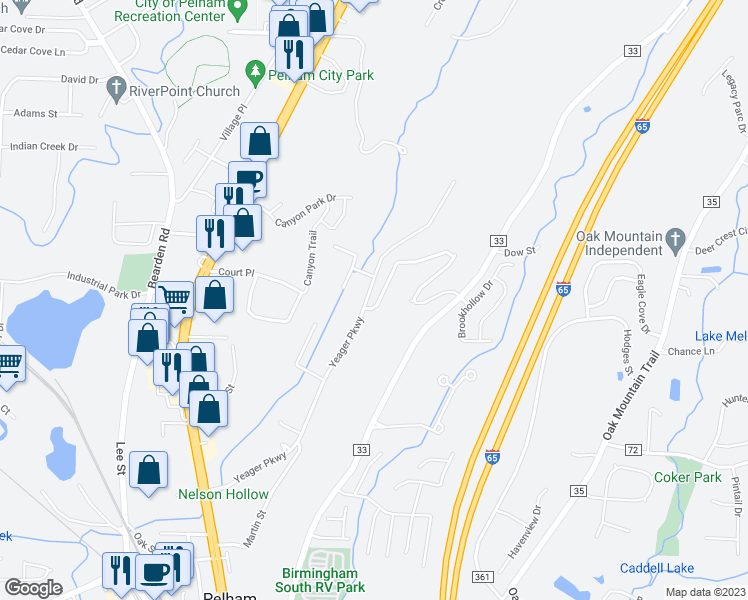 map of restaurants, bars, coffee shops, grocery stores, and more near 460 Cambrian Ridge Trail in Pelham
