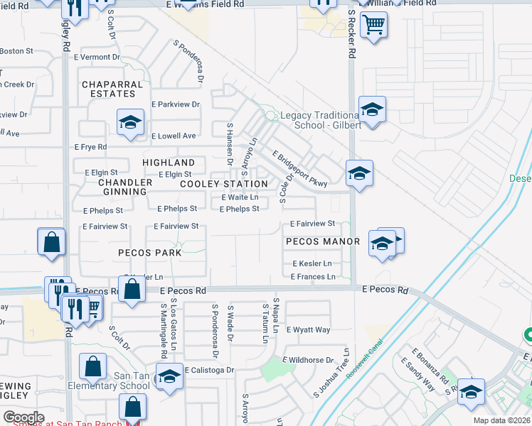 map of restaurants, bars, coffee shops, grocery stores, and more near 3731 East Waite Lane in Gilbert