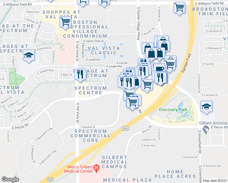 map of restaurants, bars, coffee shops, grocery stores, and more near 16 East Fairview Street in Gilbert