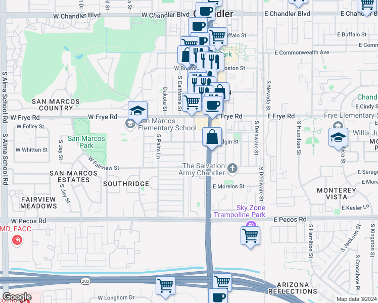 map of restaurants, bars, coffee shops, grocery stores, and more near 125 West Elgin Street in Chandler