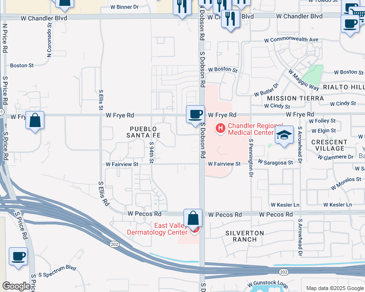 map of restaurants, bars, coffee shops, grocery stores, and more near 2066-2198 West Elgin Street in Chandler