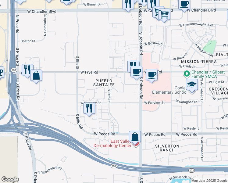 map of restaurants, bars, coffee shops, grocery stores, and more near 2225 West Frye Road in Chandler