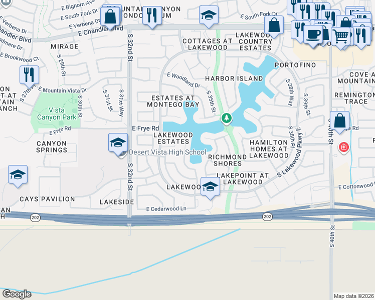 map of restaurants, bars, coffee shops, grocery stores, and more near 16427 South 34th Way in Phoenix