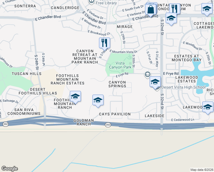map of restaurants, bars, coffee shops, grocery stores, and more near 2806 East Frye Road in Phoenix