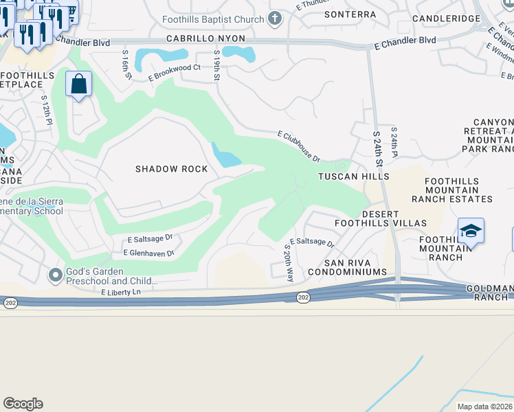 map of restaurants, bars, coffee shops, grocery stores, and more near 16614 South 18th Way in Phoenix