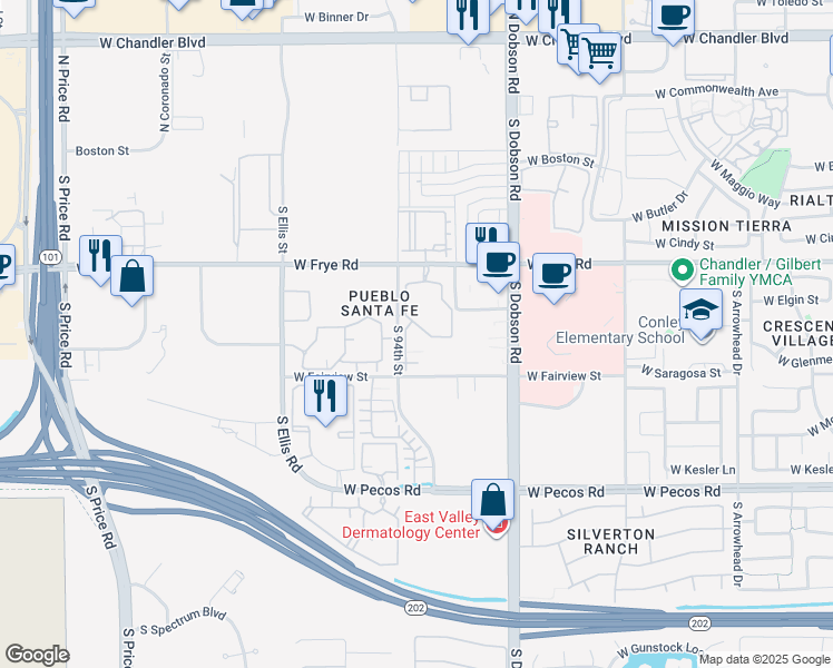 map of restaurants, bars, coffee shops, grocery stores, and more near 2225 West Frye Road in Chandler