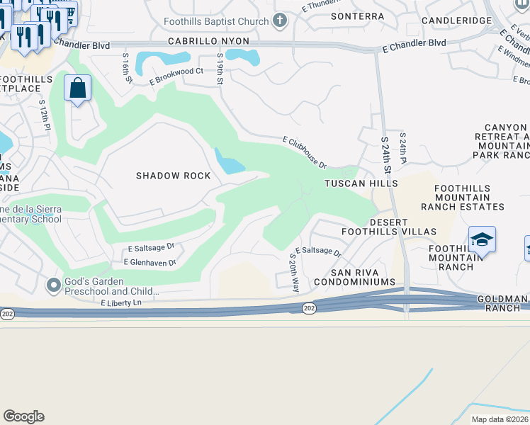 map of restaurants, bars, coffee shops, grocery stores, and more near 16614 South 18th Way in Phoenix