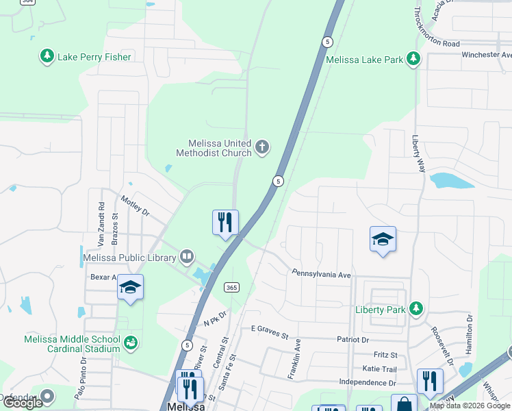 map of restaurants, bars, coffee shops, grocery stores, and more near 3707 McKinney Street in Melissa