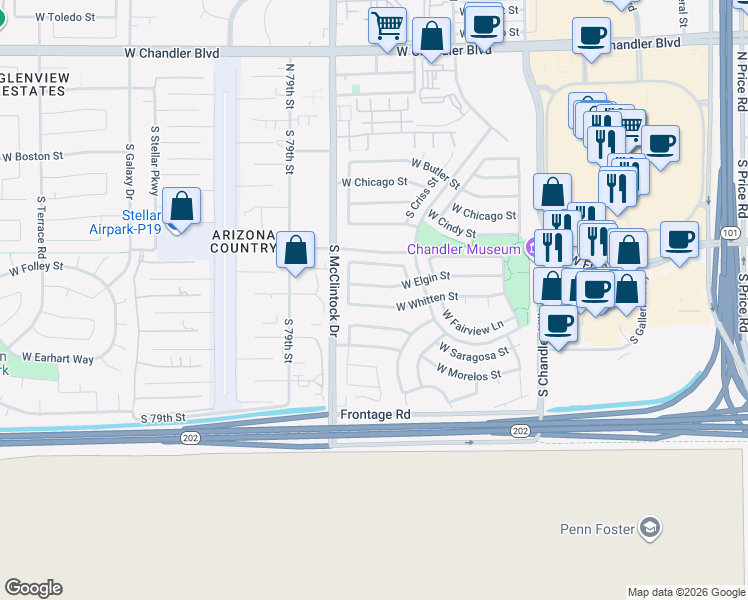 map of restaurants, bars, coffee shops, grocery stores, and more near 3850 West Whitten Street in Chandler