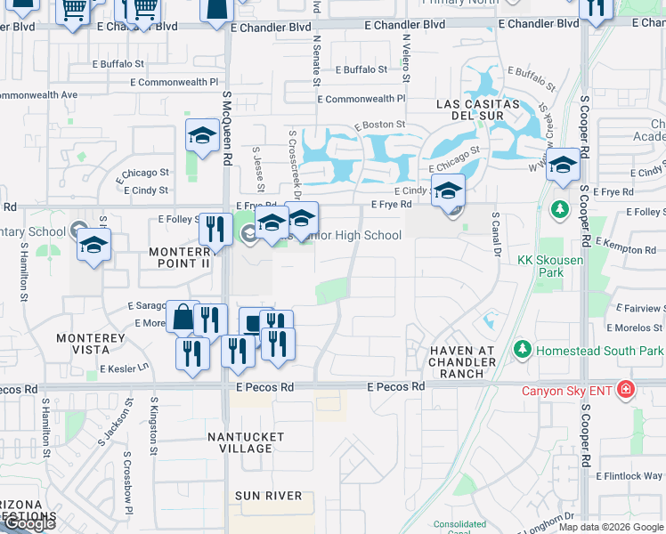 map of restaurants, bars, coffee shops, grocery stores, and more near 1344 East Whitten Place in Chandler