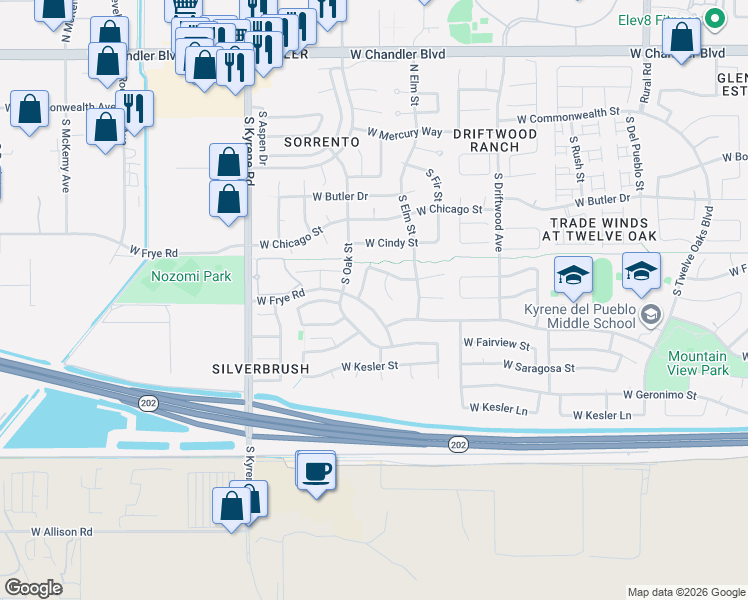 map of restaurants, bars, coffee shops, grocery stores, and more near 5653 West Folley Street in Chandler