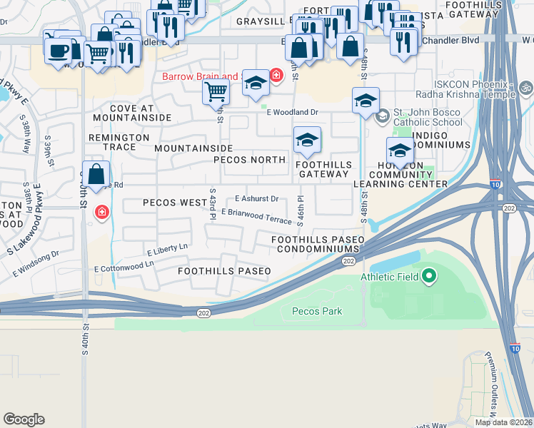 map of restaurants, bars, coffee shops, grocery stores, and more near 4539 East Ashurst Drive in Phoenix
