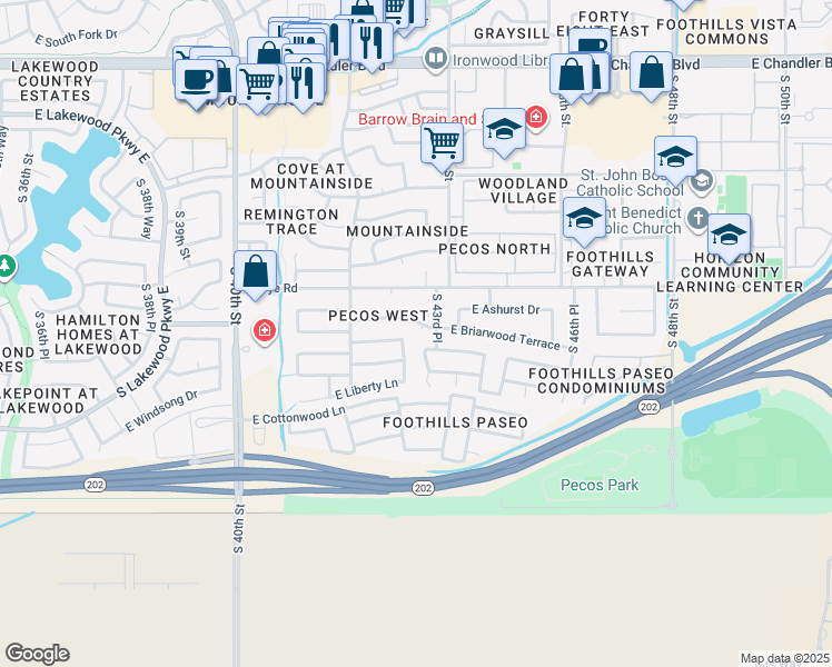 map of restaurants, bars, coffee shops, grocery stores, and more near 16415 South 43rd Place in Phoenix