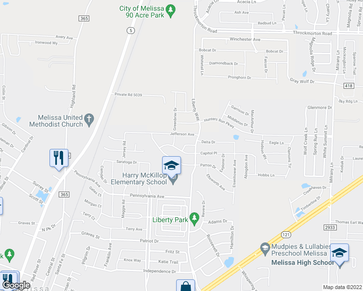 map of restaurants, bars, coffee shops, grocery stores, and more near 2506 Jefferson Avenue in Melissa