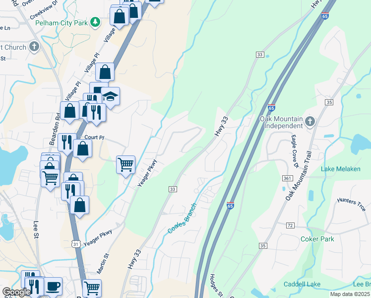map of restaurants, bars, coffee shops, grocery stores, and more near 204 Cambrian Ridge Trail in Pelham