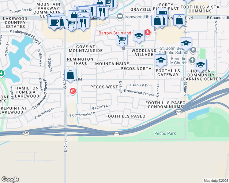 map of restaurants, bars, coffee shops, grocery stores, and more near 16415 South 43rd Place in Phoenix