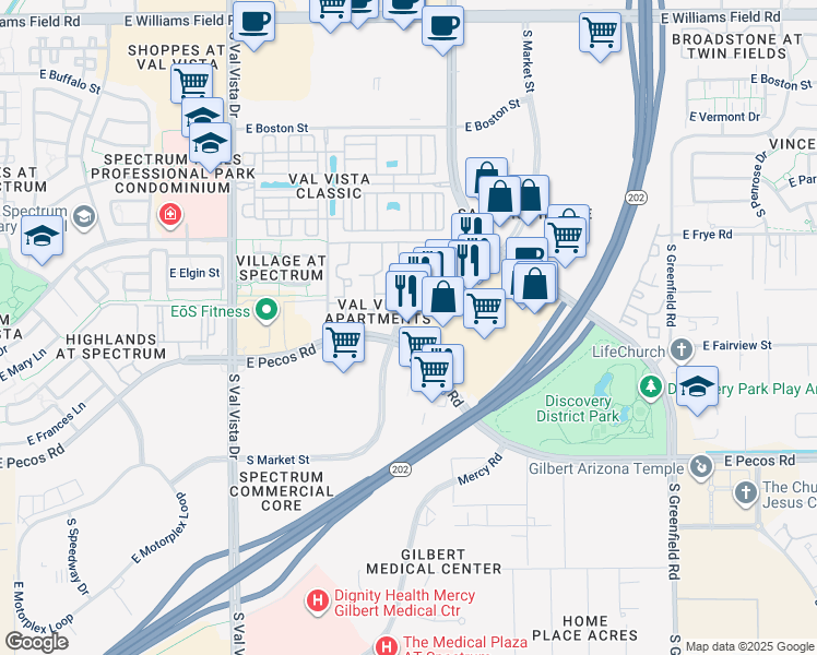 map of restaurants, bars, coffee shops, grocery stores, and more near 3131 South Market Street in Gilbert